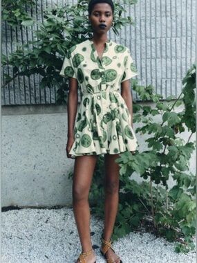 Zara Light Green Printed Short Sleeve Mini Dress